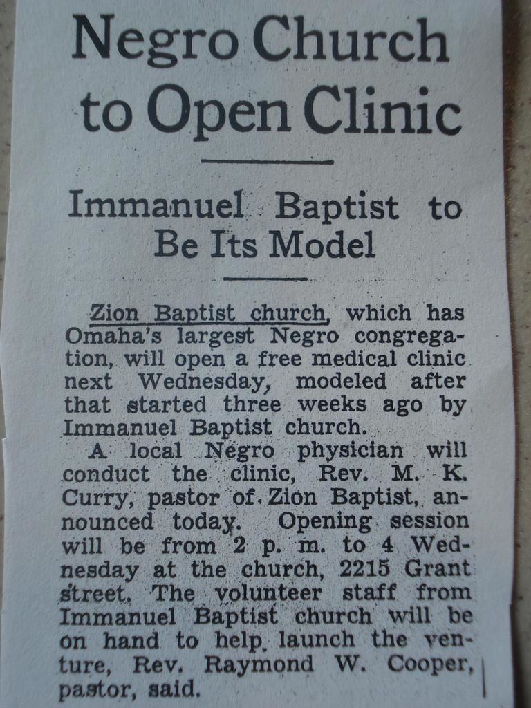 Newspaper Article. Headline: Negro Church to Open Clinic. Subhead: Immanuel Baptist to Be Its Model